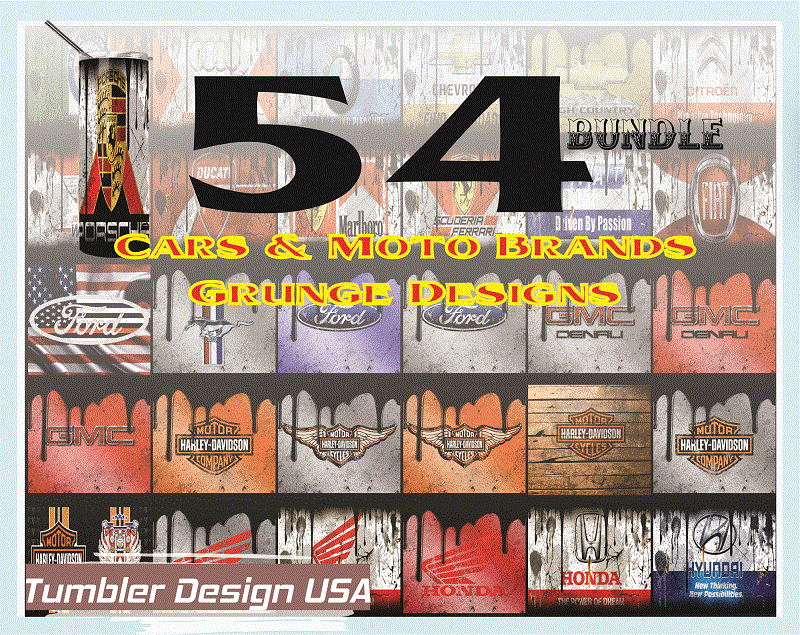 Combo 54 Cars & Moto Brands Grunge Design Tumber, 20oz Skinny Straight,Template for Sublimation,Full Tumbler, PNG Digital Download 1014533239