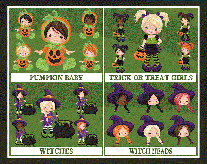 390 Designs Halloween Clipart Bundle, Pumpkins, Witches, Ghost Clipart, Characters Clipart, Halloween baby, Halloween party boys & girls 850395048