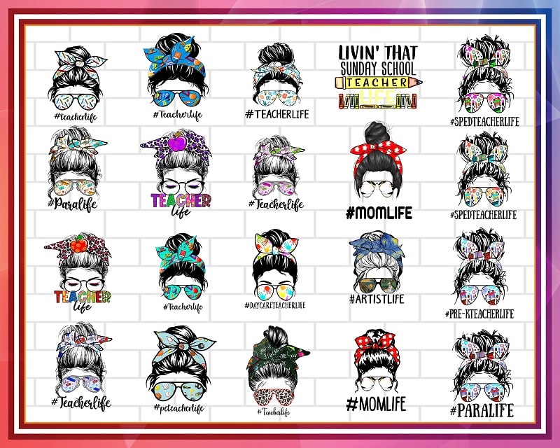 Bundle 40 Designs PNG, Teacher Life png, Messy Bun png, Leopard Bandana png, Women Glasses png, Loved Mama, Design download 980884000