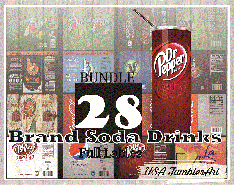 Combo 28 Brand Soda Drinks Full Labels Designs Tumber, 20oz Skinny Straight,Template for Sublimation,Full Tumbler, PNG Digital Download 1014533239