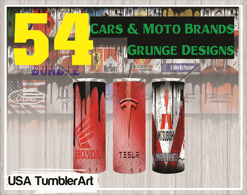 Combo 54 Cars & Moto Brands Grunge Design Tumber, 20oz Skinny Straight,Template for Sublimation,Full Tumbler, PNG Digital Download 1014533239