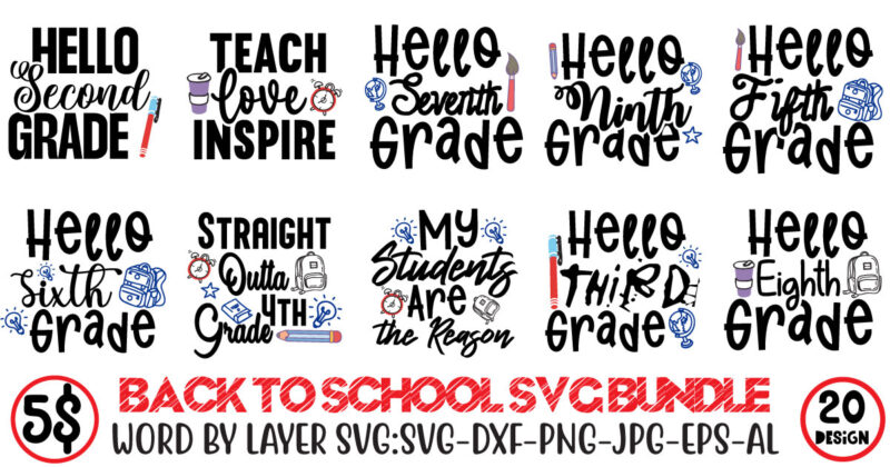 Back to School Svg Bundle,SVGs,quotes-and-sayings,food-drink,print-cut,mini-bundles,on-sale Girl First Day of School Shirt, Pre-K Svg, Kindergarten, 1st, 2 Grade Shirt Svg File for Cricut & Silhouette, Png,Hello Grade School Bundle Svg, Back