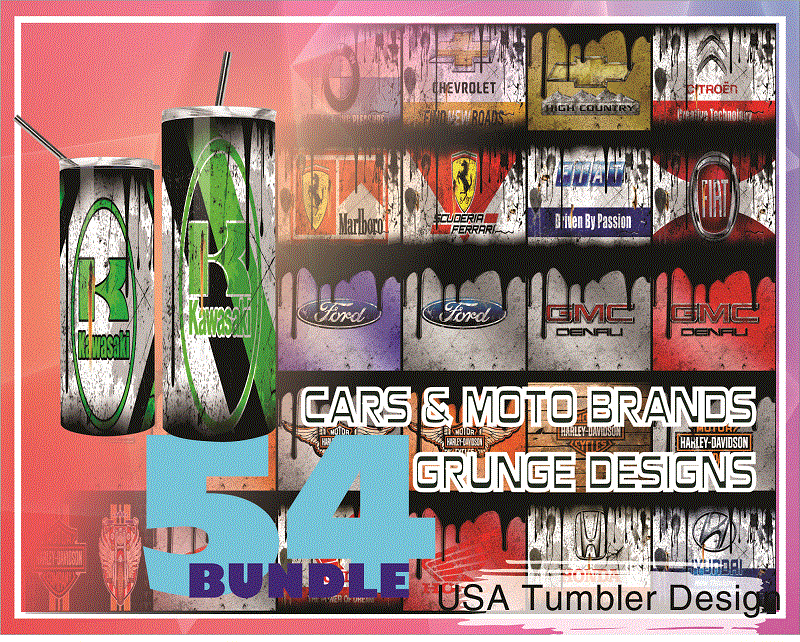 Combo 54 Cars & Moto Brands Grunge Design Tumber, 20oz Skinny Straight,Template for Sublimation,Full Tumbler, PNG Digital Download 1014533239