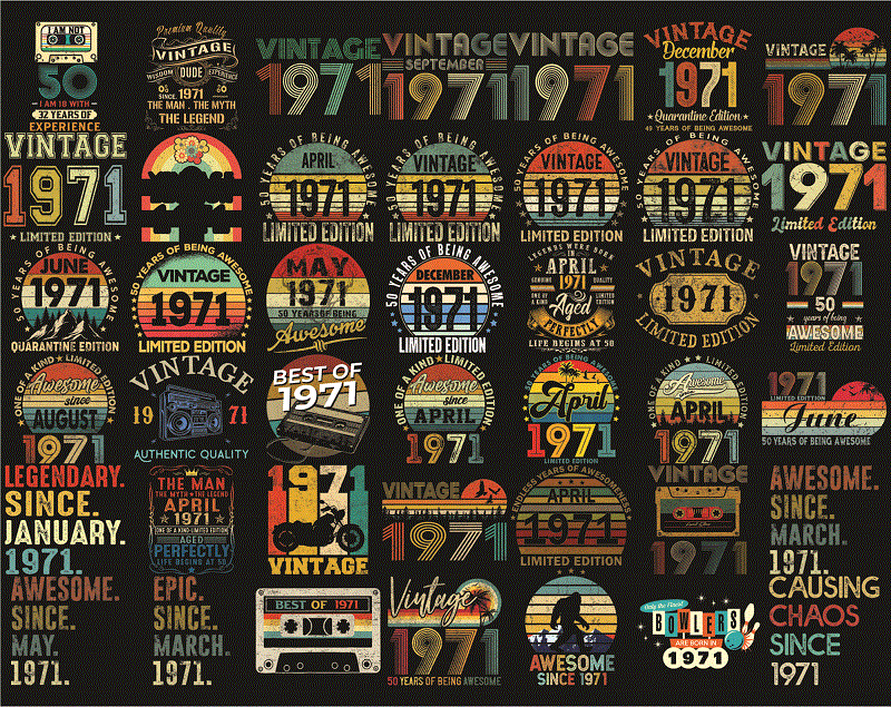 Bundle 300 Vintage Retro 1971 Birthday, 50th Birthday Gift PNG, Files For Shirt, Print To Cut Files Combo, PNG Bundles, Digital Download 1013056948