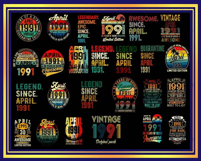 350+ Vintage Retro 1991 Birthday 30th Birthday Gift PNG Files For Shirt, Print To Cut Files Combo, PNG Bundles, Digital Download 983495166