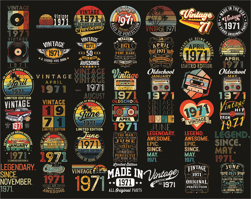 Bundle 300 Vintage Retro 1971 Birthday, 50th Birthday Gift PNG, Files For Shirt, Print To Cut Files Combo, PNG Bundles, Digital Download 1013056948