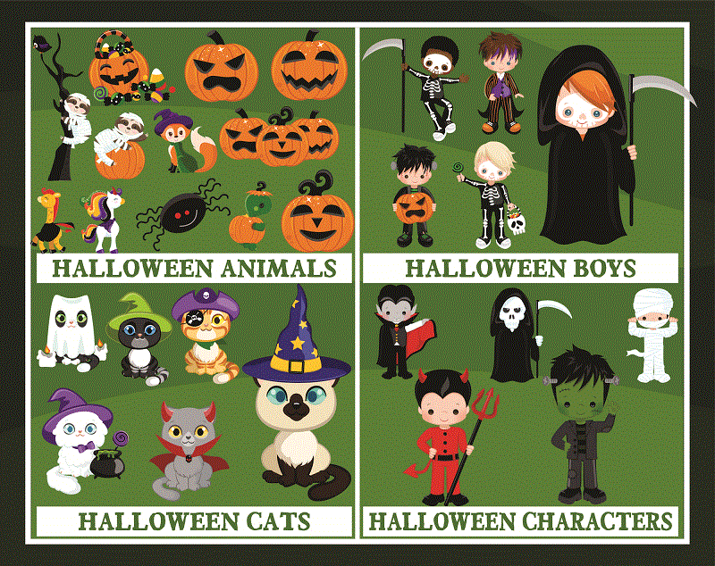 390 Designs Halloween Clipart Bundle, Pumpkins, Witches, Ghost Clipart, Characters Clipart, Halloween baby, Halloween party boys & girls 850395048