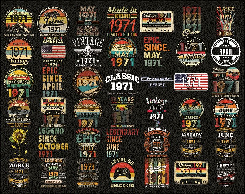 Bundle 300 Vintage Retro 1971 Birthday, 50th Birthday Gift PNG, Files For Shirt, Print To Cut Files Combo, PNG Bundles, Digital Download 1013056948