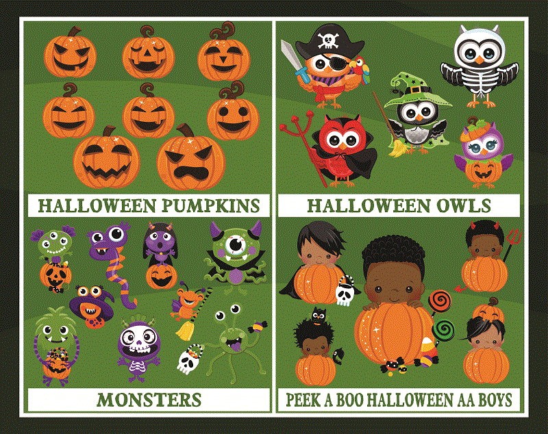 390 Designs Halloween Clipart Bundle, Pumpkins, Witches, Ghost Clipart, Characters Clipart, Halloween baby, Halloween party boys & girls 850395048