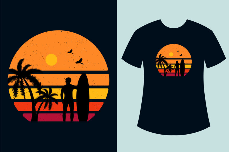 Retro Sunset Summer T Shirt Design Bundle, Retro Vintage Circle Surfing T Shirt Design Bundle