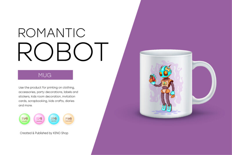 Romantic Cartoon Robot. T-Shirt, PNG, SVG.