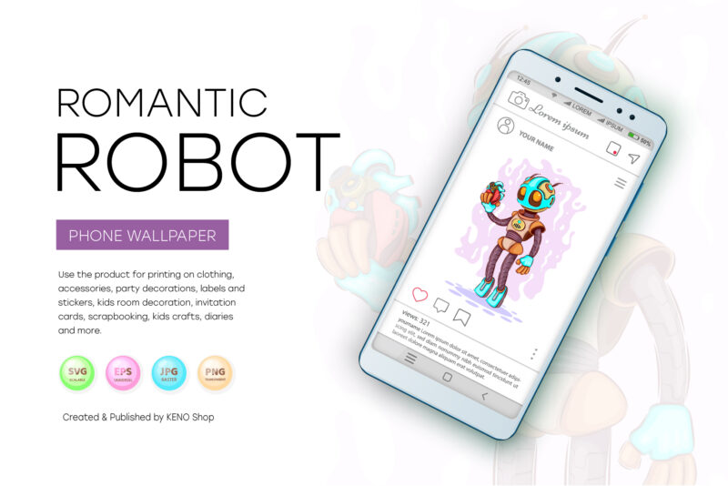 Romantic Cartoon Robot. T-Shirt, PNG, SVG.