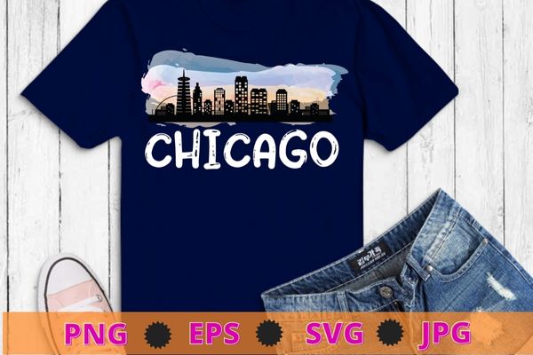 Chicago Illinois Home State Shirt design svg, Vintage, Chicago Illinois, Chicago Downtown City Skyline, vintage watercolor,