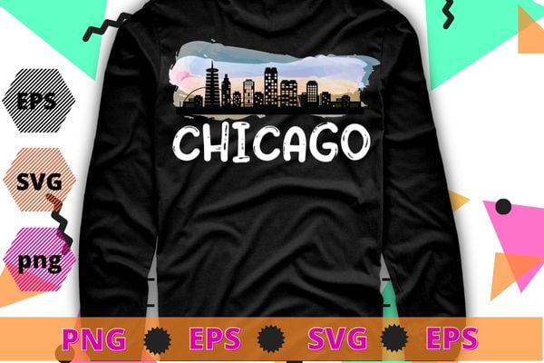 Chicago Illinois Home State Shirt design svg, Vintage, Chicago Illinois, Chicago Downtown City Skyline, vintage watercolor,