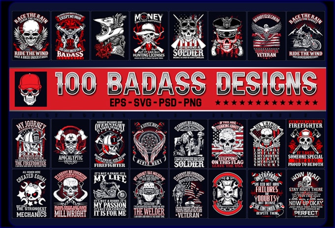 T-shirt Designs 100 Badass | Skull Bundle design | Veteran Bundle ...