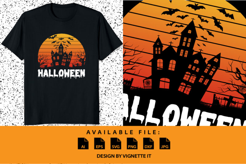 Happy Halloween shirt print template, Pumpkin Halloween tree bats witch scary themed texture background, Dark night House vector design