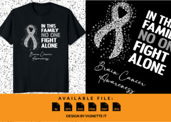 In this family no one fight alone brain cancer awareness, cancer awareness Shirt print template, vector clipart grey ribbon