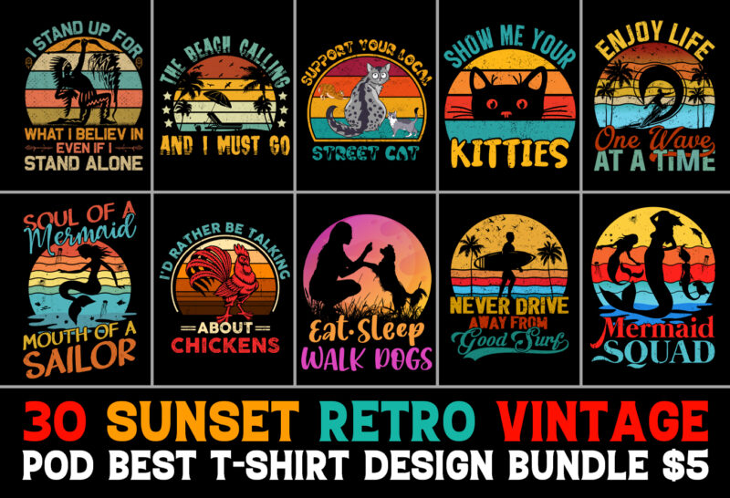 Sunset Retro Vintage T-Shirt Design Bundle