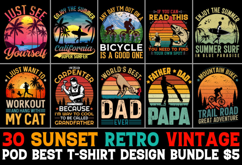 Sunset Retro Vintage T-Shirt Design Bundle