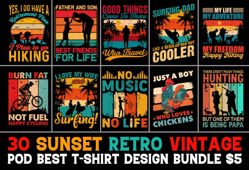 Sunset Vintage Retro T-Shirt Design Bundle