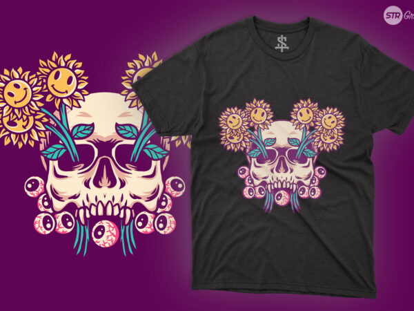 Skull sun flowers – illustration t shirt template vector