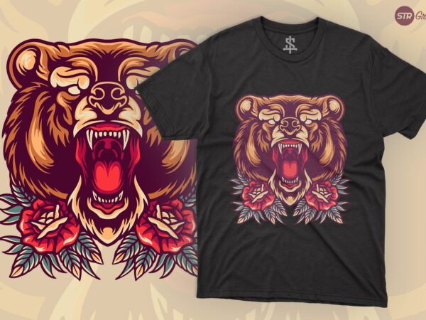 Bear and roses – retro illustration t shirt template