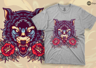 Wolf And Rose – Retro Illustration t shirt design for sale