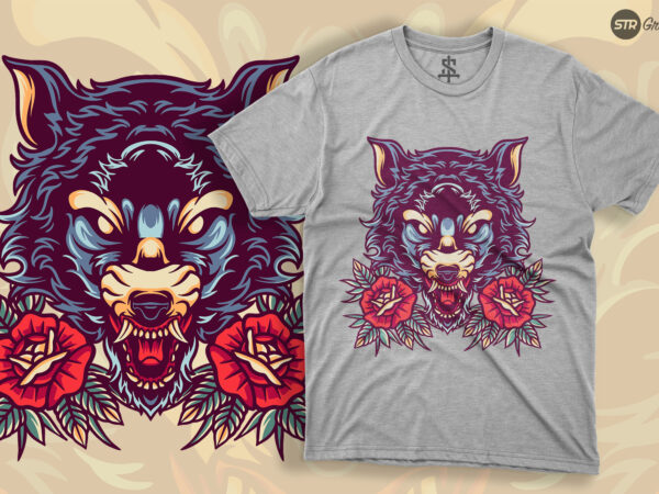 Wolf and rose – retro illustration t shirt design for sale