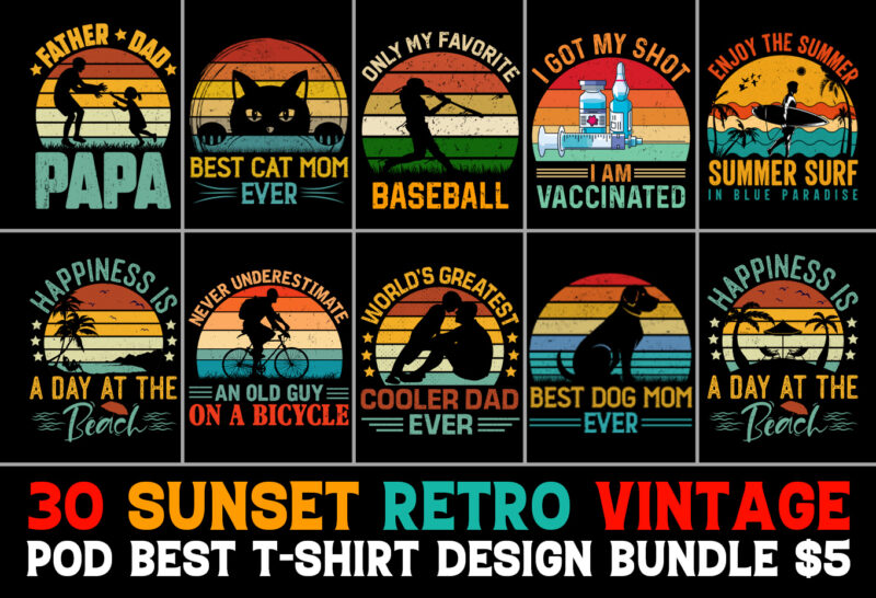 Vintage Sunset T-Shirt Design Bundle