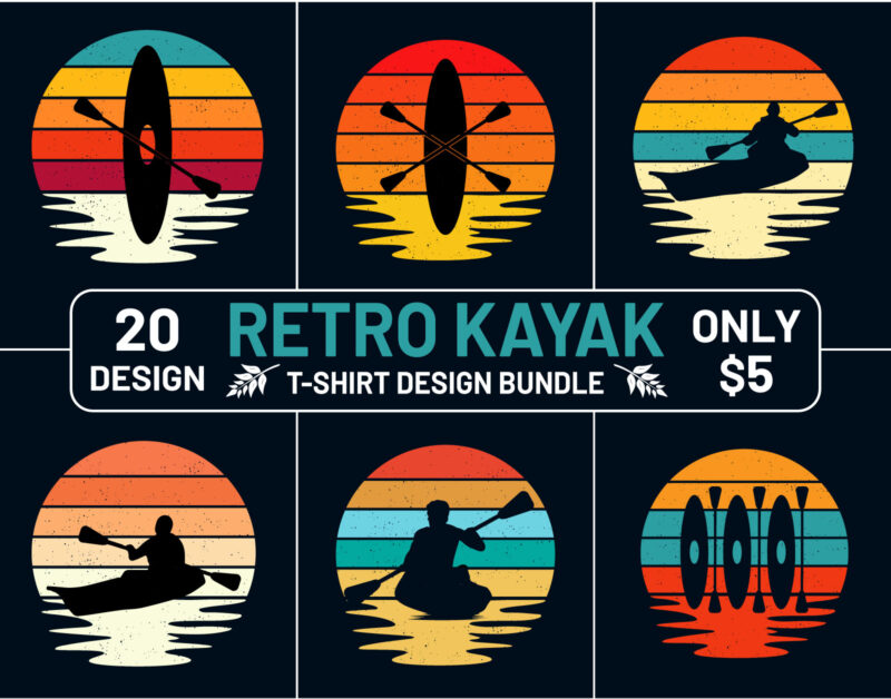 Retro Sunset Kayak T Shirt Design Bundle, Kayak T Shirt Design, Retro Vintage Sunset Outdoor T Shirt