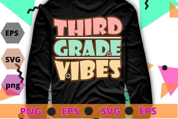 Back To School Third Grade Vibes Retro Teacher Women Kids T-Shirt esign svg, School funny, pincil, book, back to school