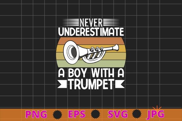 Never underestimate a boy with a trumpet player t-shirt design, vintage, trumpet, musician, music band musician jazz