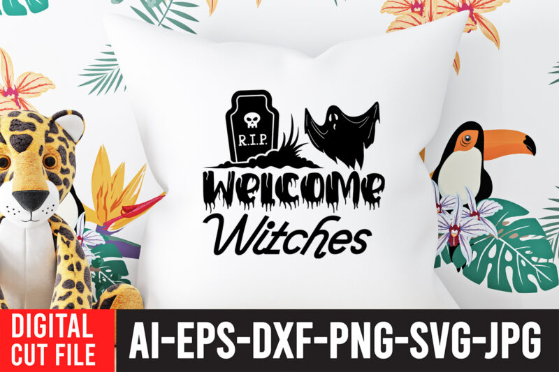 Welcome Witches T-shirt Design,Halloween Svg, Dinosaur Skeleton Svg, Spooky Saurus Rex Svg, Kids Cut Files, Funny T-Rex with Pumpkin Svg, Dxf, Eps, Png, Silhouette, Cricut,HALLOWEEN SVG Bundle, HALLOWEEN Clipart, Halloween