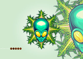 Alien head with cannabis leaf illustrations