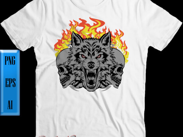 Angry wolf with scary skulls png, scary skull, angry wolf, skull vector, wolf vector, halloween t shirt design, halloween night, ghost, halloween png, halloween party, spooky season, halloween vector