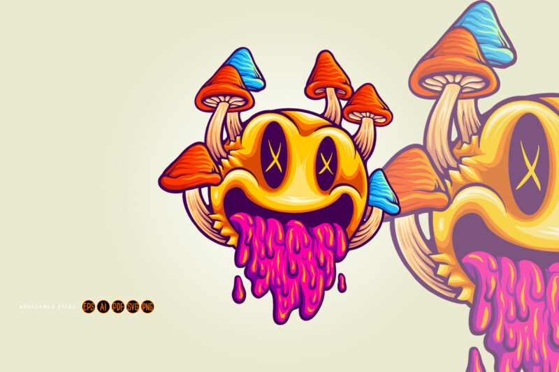 Funny psychedelic mushrooms emoticons colorful illustrations