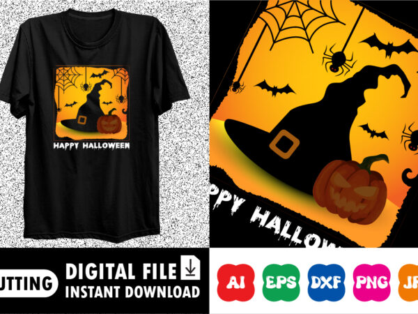 Happy halloween shirt print template, pumpkin halloween tree bats witch scary themed texture background, dark night house vector design