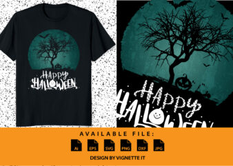 Happy Halloween shirt print template, Pumpkin bat tree vector, Retro vintage vector scary background shirt design