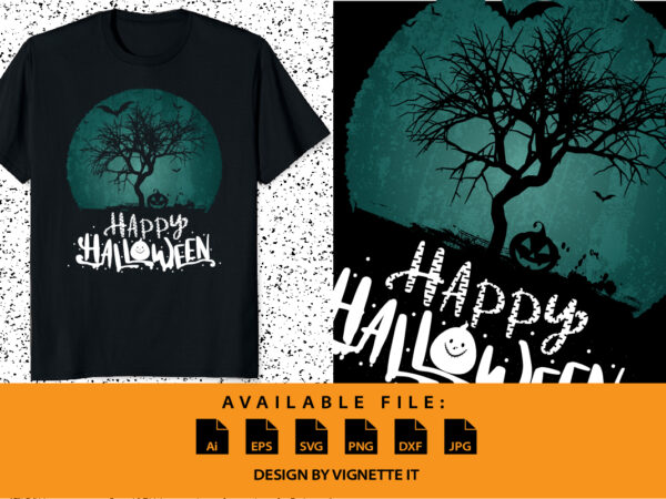 Happy halloween shirt print template, pumpkin bat tree vector, retro vintage vector scary background shirt design