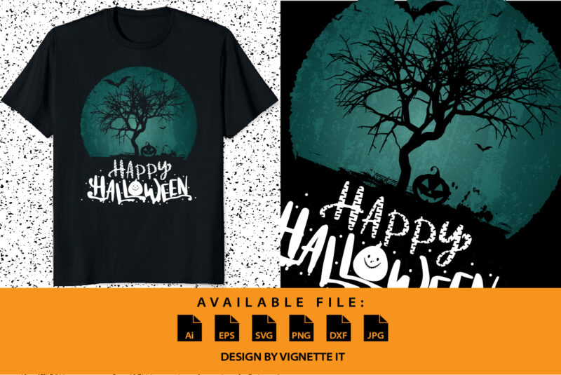 Happy Halloween shirt print template, Pumpkin bat tree vector, Retro vintage vector scary background shirt design