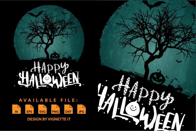 Happy Halloween shirt print template, Pumpkin bat tree vector, Retro vintage vector scary background shirt design