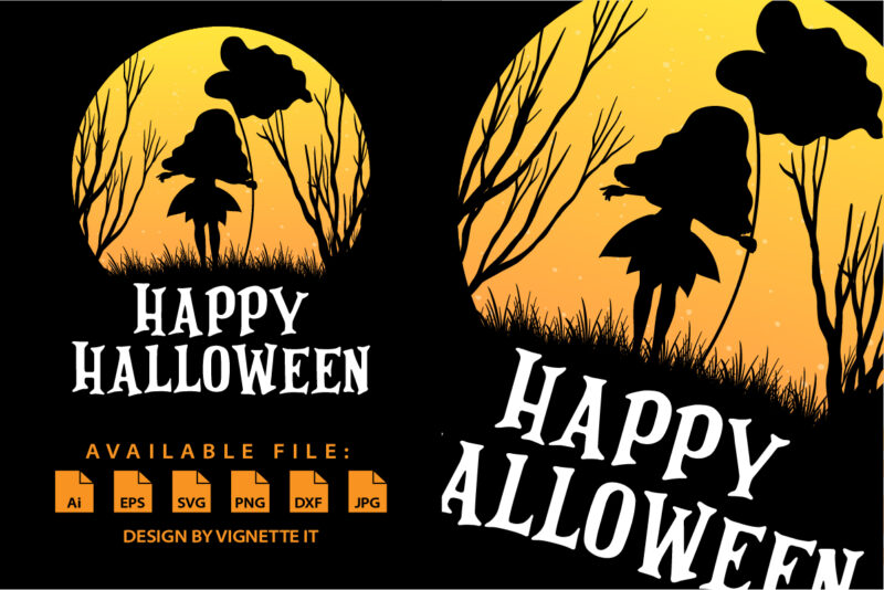 Happy Halloween shirt print template, Halloween night with fairy silhouette