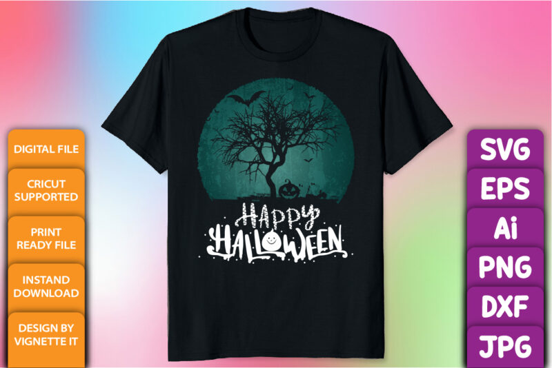 Happy Halloween shirt print template, Pumpkin bat tree vector, Retro vintage vector scary background shirt design