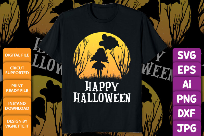 Happy Halloween shirt print template, Halloween night with fairy silhouette