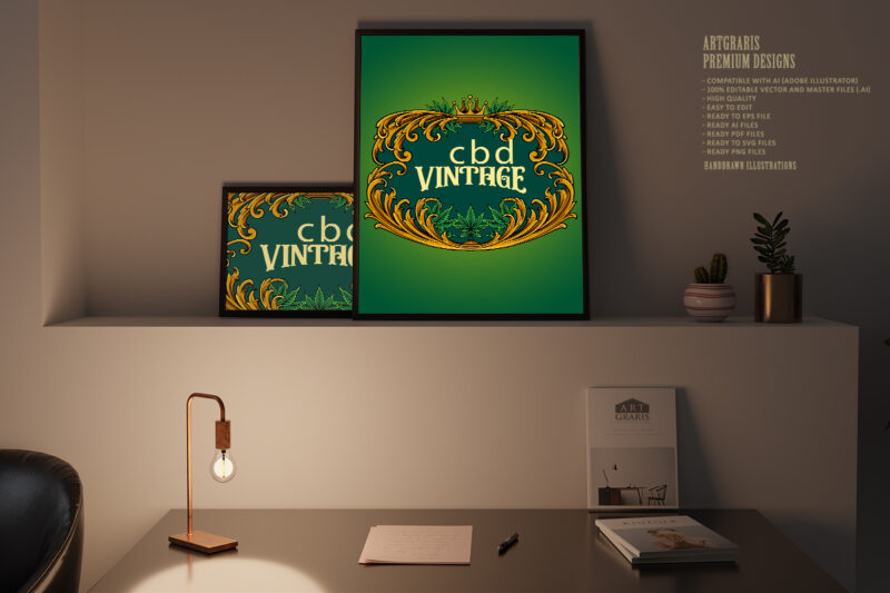 Luxury frame vintage cannabis flourish illustrations