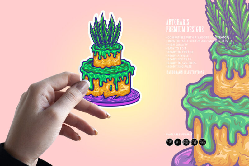 Delicious cannabis brithday cake colorful illustrations