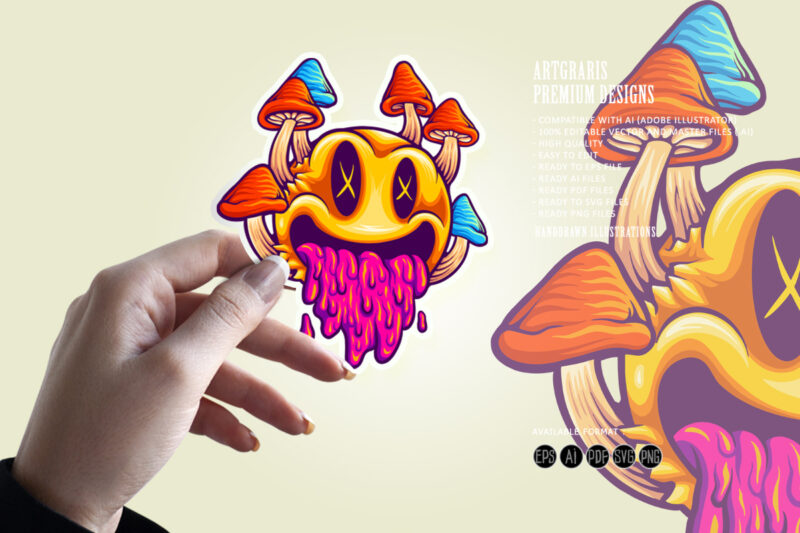 Funny psychedelic mushrooms emoticons colorful illustrations