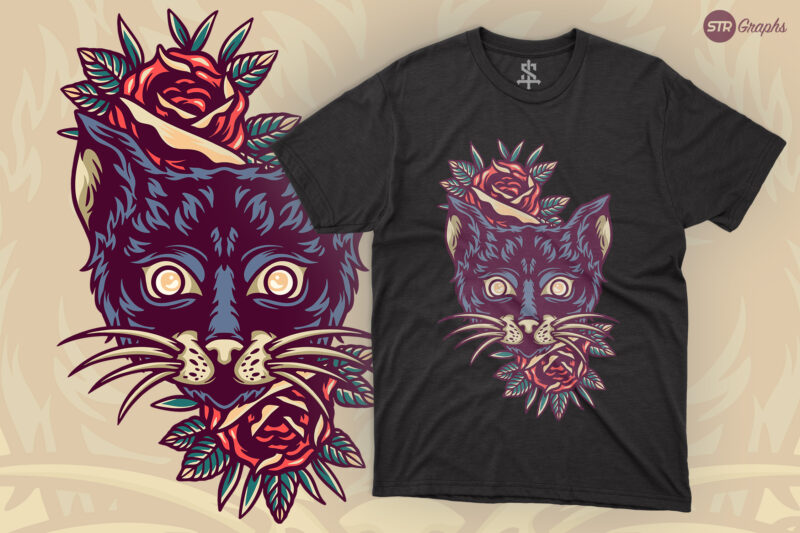 Cat And Roses – Retro Illustration