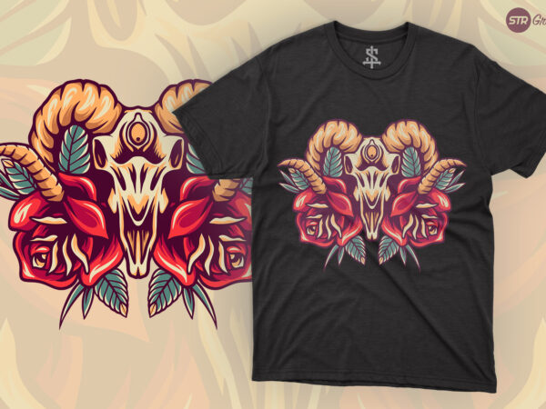 Goat skull and roses – retro illustration t shirt design template