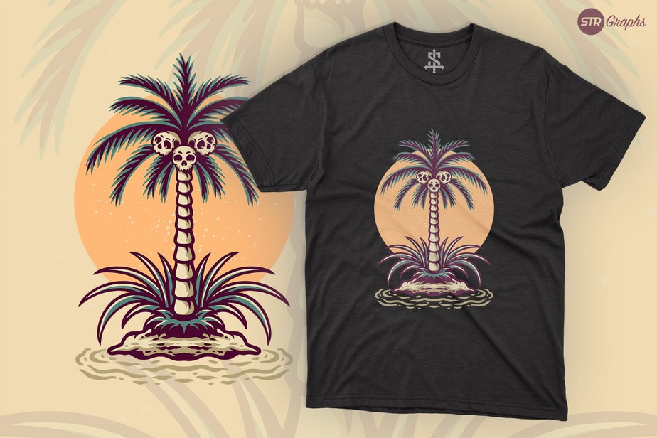 Skull Coconut Tree - Retro Illustration - Buy t-shirt designs